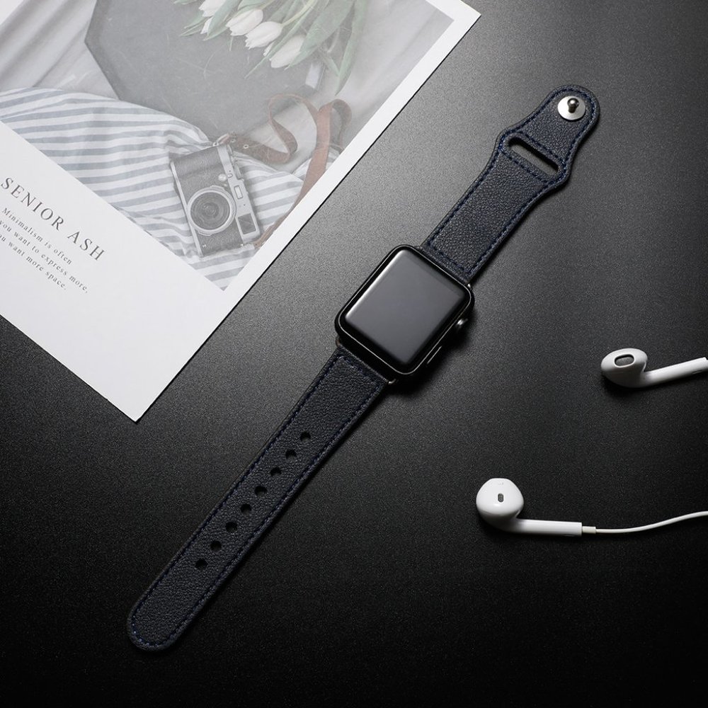 NEW[BAND] BLACK Genuine Leather For Apple Watch - Picture 4 of 10